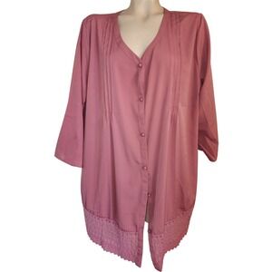 CW Classics Women 1X Dusty Rose Pintuck Crochet Lace Hem Button Up Tunic Top